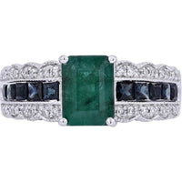 EFFY 14K White Gold Emerald - Cut Emerald Ring with Channel - Set Blue Sapphires and Diamond Milgrain Accents - 2.19 Carat Total Gem Weight, 0.13 Carat Total Diamond Weight