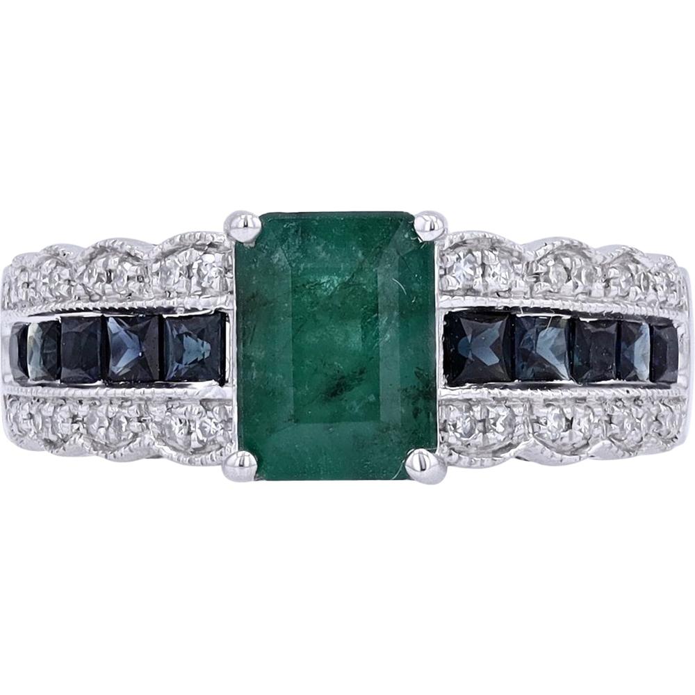 EFFY 14K White Gold Emerald - Cut Emerald Ring with Channel - Set Blue Sapphires and Diamond Milgrain Accents - 2.19 Carat Total Gem Weight, 0.13 Carat Total Diamond Weight