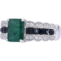 EFFY 14K White Gold Emerald - Cut Emerald Ring with Channel - Set Blue Sapphires and Diamond Milgrain Accents - 2.19 Carat Total Gem Weight, 0.13 Carat Total Diamond Weight