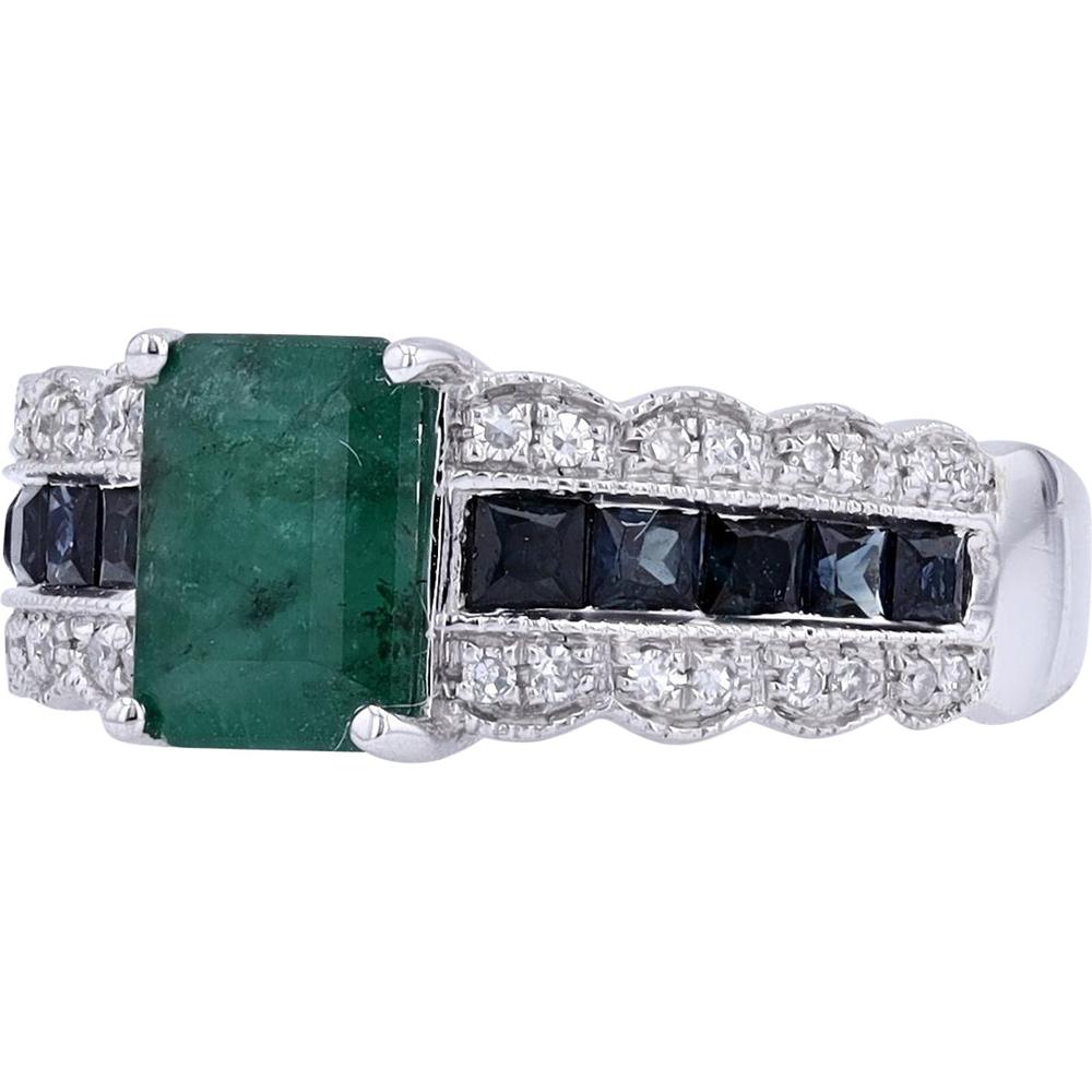 EFFY 14K White Gold Emerald - Cut Emerald Ring with Channel - Set Blue Sapphires and Diamond Milgrain Accents - 2.19 Carat Total Gem Weight, 0.13 Carat Total Diamond Weight