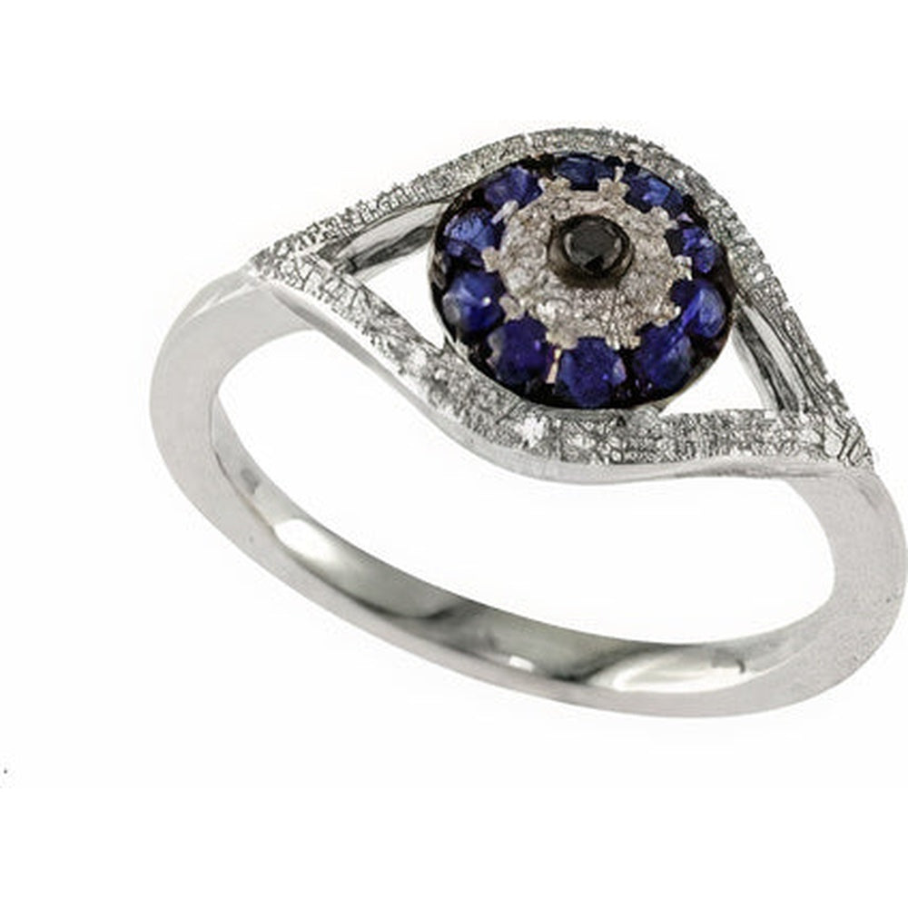 EFFY 14K White Gold Evil Eye Ring with Sapphire and Black Diamond Center - 0.28 Carat Sapphire and 0.17 Carat Diamond Accents