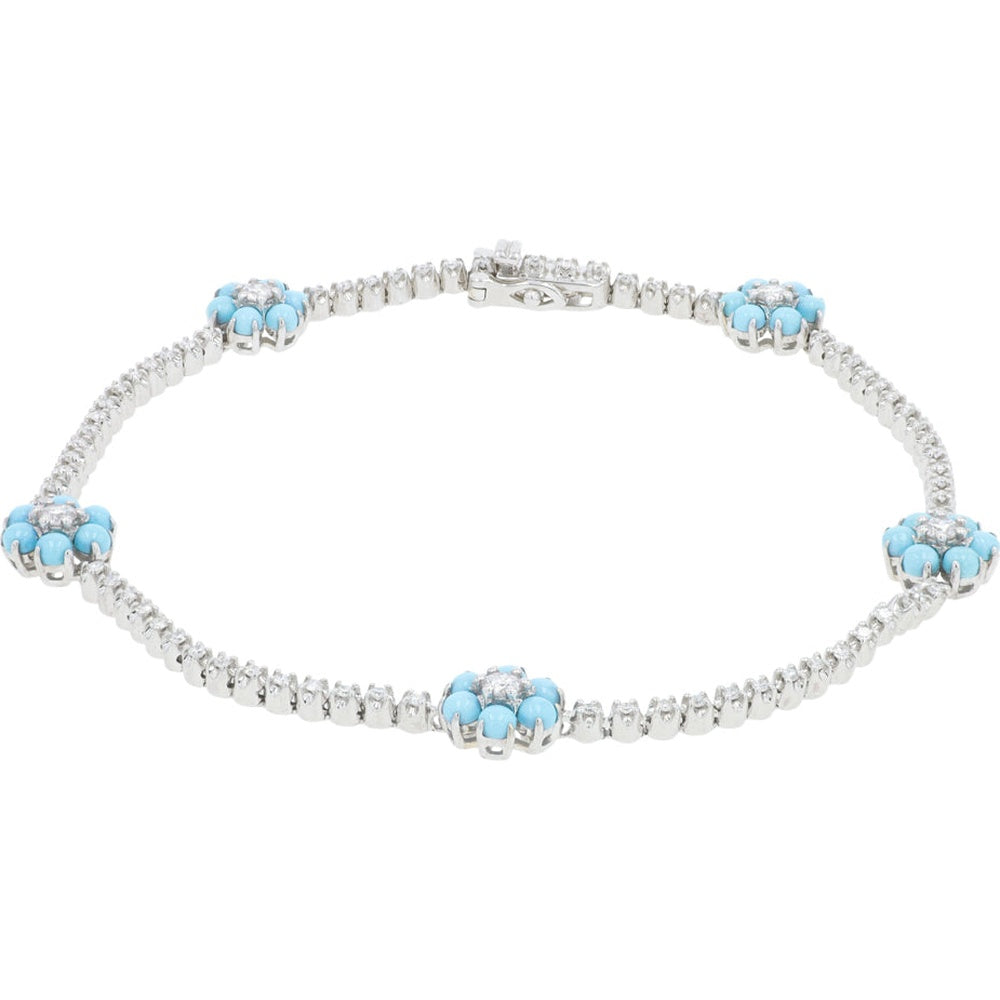 EFFY 14K White Gold Floral Station Bracelet with Round Turquoise and Diamond Centers - 1.35 Carat Total Turquoise Weight and 0.47 Carat Total Diamond Weight