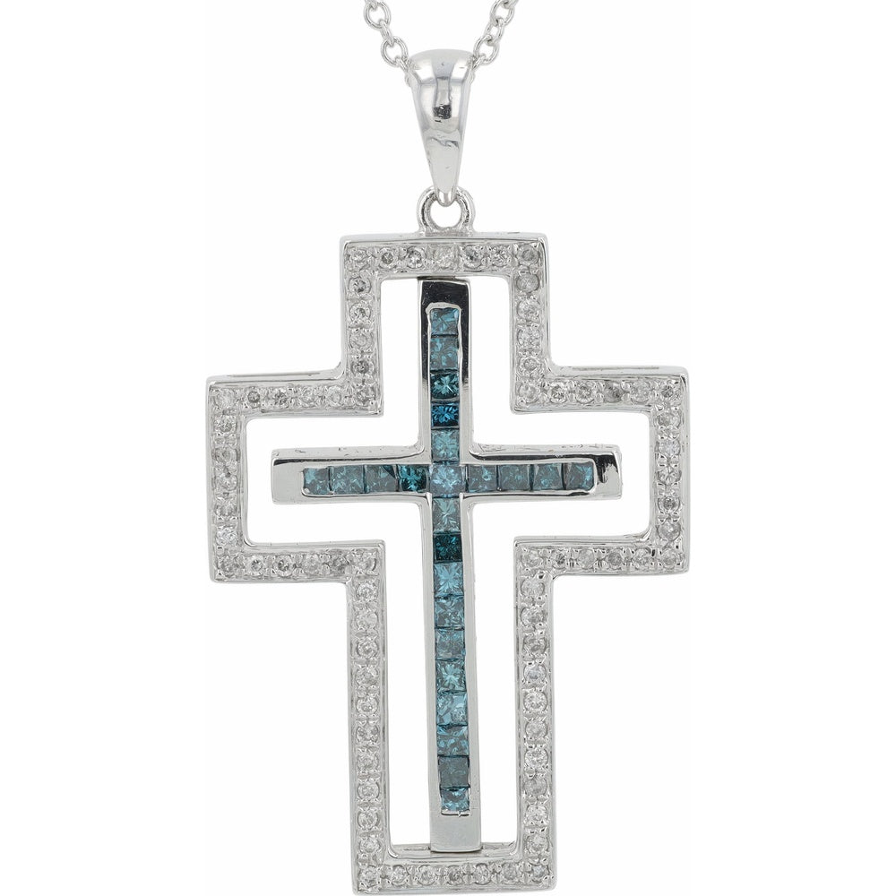 EFFY 14K White Gold Geometric Open-Work Cross Pendant with Channel-Set Blue Gemstones and Round Diamond Border - 1.05 Carat Total Diamond Weight