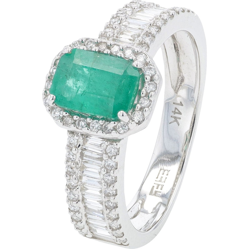 EFFY 14K White Gold Halo Ring with Emerald and Baguette-Set Diamonds - 0.95 Carat Emerald and 0.63 Carat Total Diamond Weight