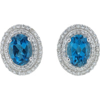 EFFY 14K White Gold Halo Stud Earrings with Oval London Blue Topaz and Diamond Accents - 1.90 Carat Total Topaz Weight