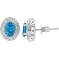 EFFY 14K White Gold Halo Stud Earrings with Oval London Blue Topaz and Diamond Accents - 1.90 Carat Total Topaz Weight