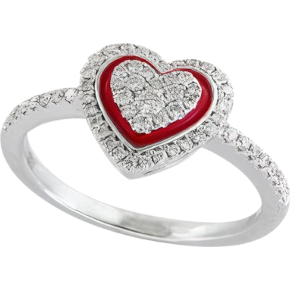 EFFY 14K White Gold Heart Ring with Pavé Diamond Halo and Red Enamel Border - 0.36 Carat Total Diamond Weight