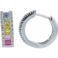 EFFY 14K White Gold Huggie Hoop Earrings with Channel-Set Princess Cut Multicolor Sapphires and Diamond Borders - 1.60 Carat Total Sapphire Weight and 0.16 Carat Total Diamond Weight