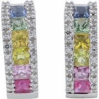 EFFY 14K White Gold Huggie Hoop Earrings with Channel-Set Princess Cut Multicolor Sapphires and Diamond Borders - 1.60 Carat Total Sapphire Weight and 0.16 Carat Total Diamond Weight