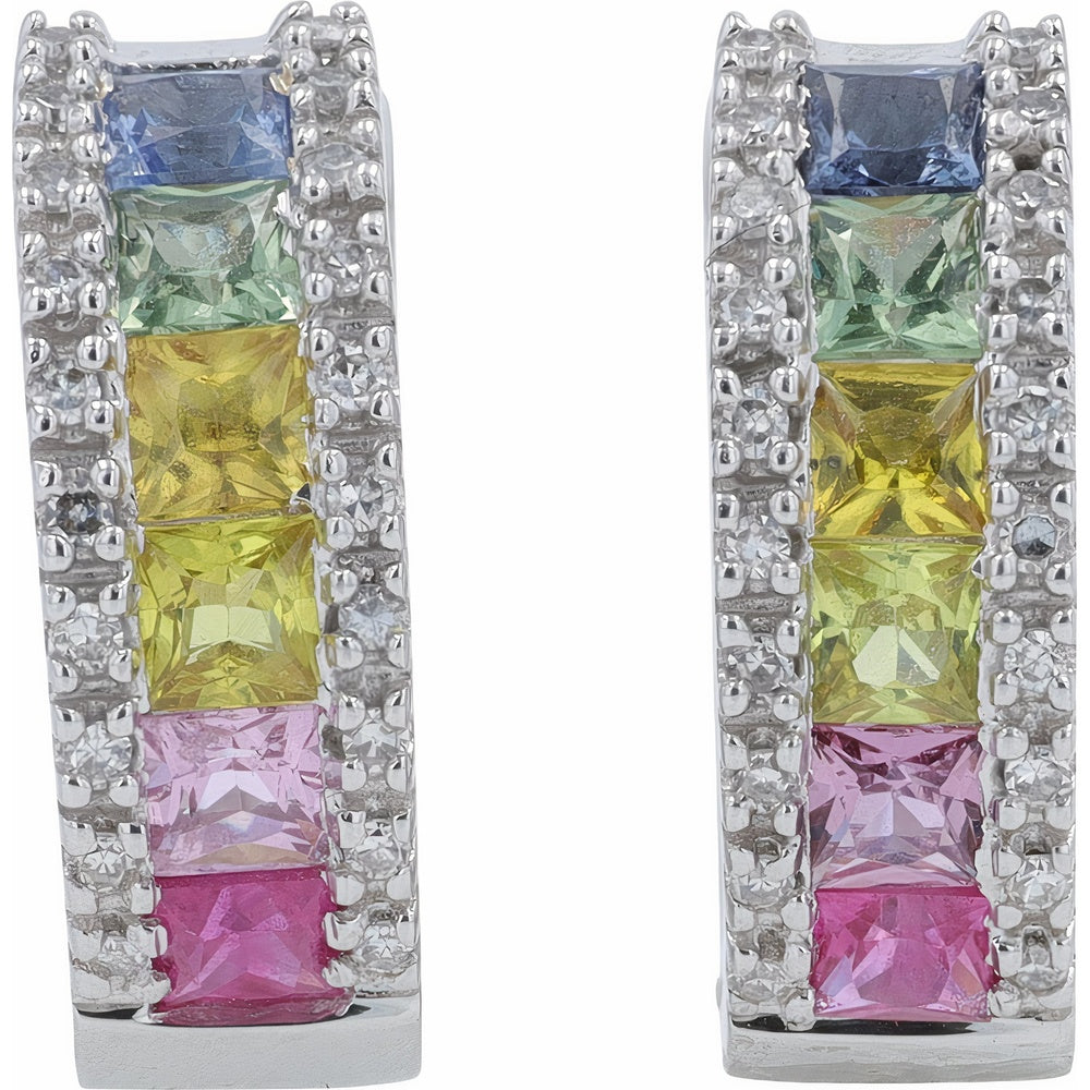 EFFY 14K White Gold Huggie Hoop Earrings with Channel-Set Princess Cut Multicolor Sapphires and Diamond Borders - 1.60 Carat Total Sapphire Weight and 0.16 Carat Total Diamond Weight