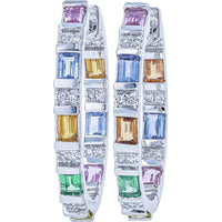 EFFY 14K White Gold Inside-Out Medium Hoop Earrings with Step-Cut Multicolor Sapphires and Pave Diamonds - 1.60 Carat Total Sapphire Weight and 0.16 Carat Total Diamond Weight