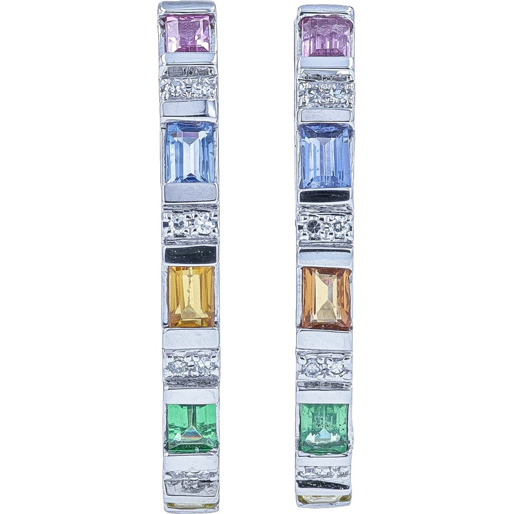EFFY 14K White Gold Inside-Out Medium Hoop Earrings with Step-Cut Multicolor Sapphires and Pave Diamonds - 1.60 Carat Total Sapphire Weight and 0.16 Carat Total Diamond Weight