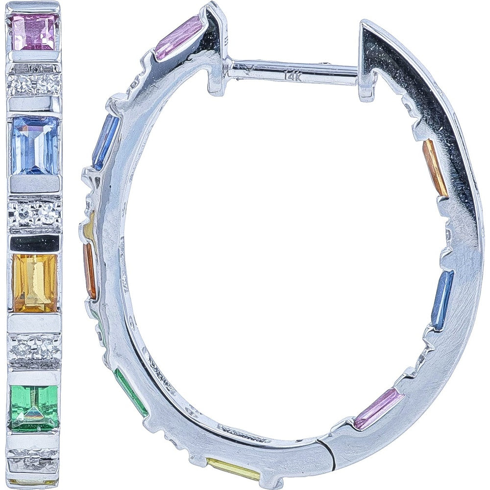 EFFY 14K White Gold Inside-Out Medium Hoop Earrings with Step-Cut Multicolor Sapphires and Pave Diamonds - 1.60 Carat Total Sapphire Weight and 0.16 Carat Total Diamond Weight