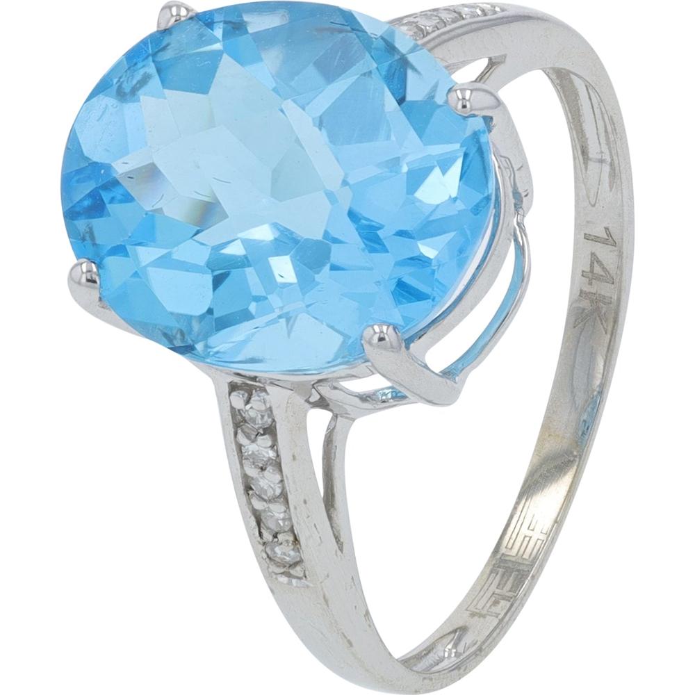 EFFY 14K White Gold Oval Blue Topaz Ring with Prong - Set Center Stone and Diamond Accents - 5.95 Carat Total Blue Topaz Weight, 0.04 Carat Total Diamond Weight