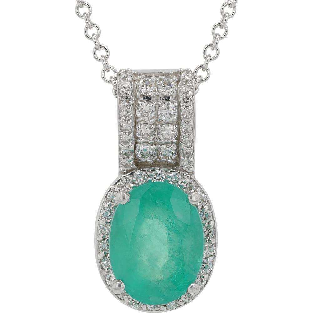 EFFY 14K White Gold Oval Emerald Halo Pendant with Diamond Accented Bail - 1.52 Carat Total Emerald Weight, 0.27 Carat Total Diamond Weight