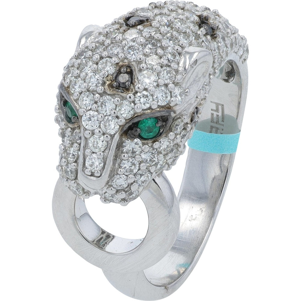 EFFY 14K White Gold Panther Motif Statement Ring with Pavé Diamonds and 0.05 Carat Emerald Eyes - 1.35 Carat Total Diamond Weight