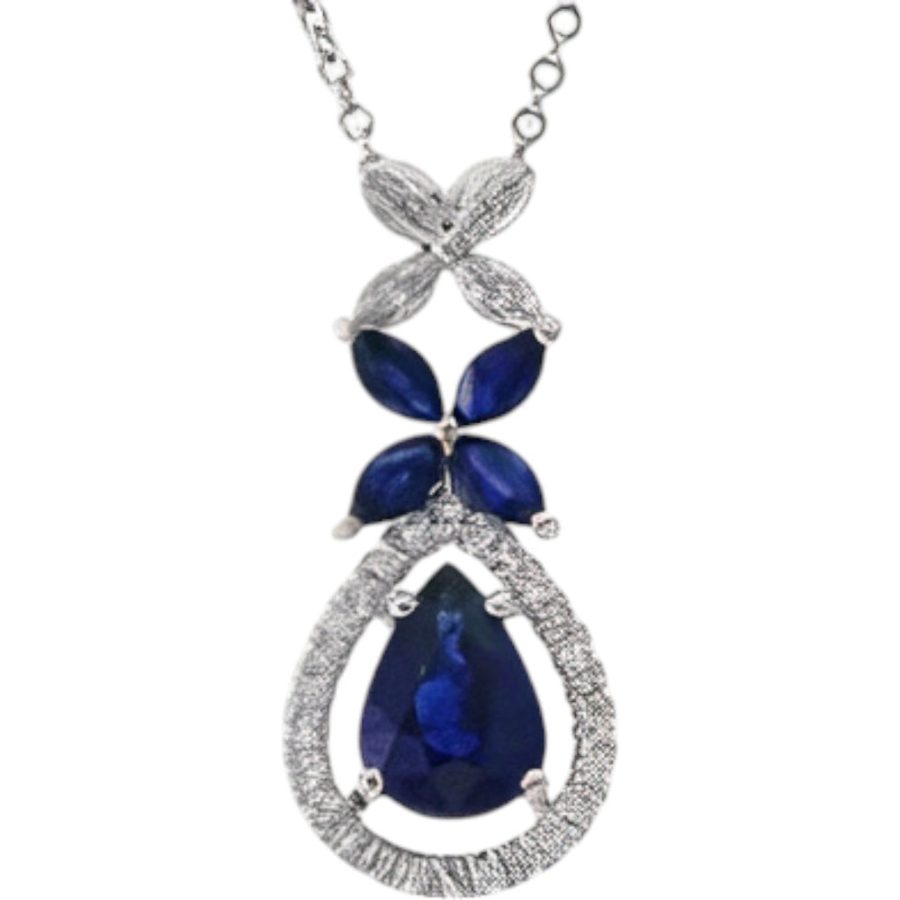 EFFY 14K White Gold Pear-Shaped Sapphire and Diamond Halo Pendant Necklace with Floral Motif Accents - 1.44 Carat Sapphire and 0.15 Carat Diamond Total Weight