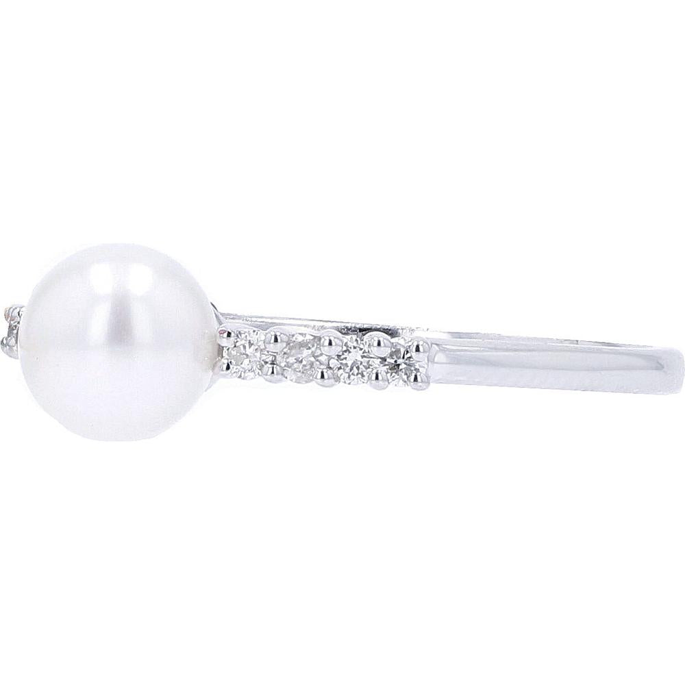EFFY 14K White Gold Pearl Solitaire Ring with Diamond Accents - 0.12 Carat Total Diamond Weight