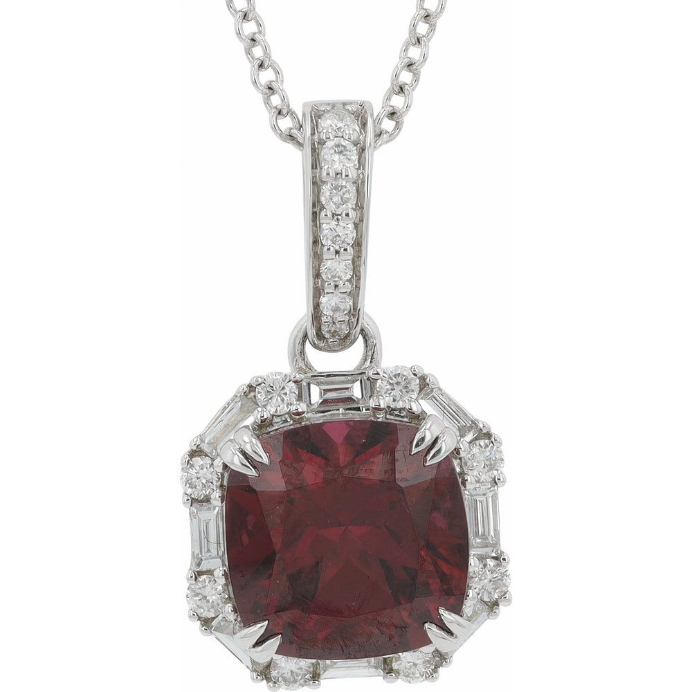EFFY 14K White Gold Pendant with Cushion Cut Rhodolite and Alternating Round and Baguette Diamond Halo - 2.60 Carat Rhodolite and 0.30 Carat Total Diamond Weight