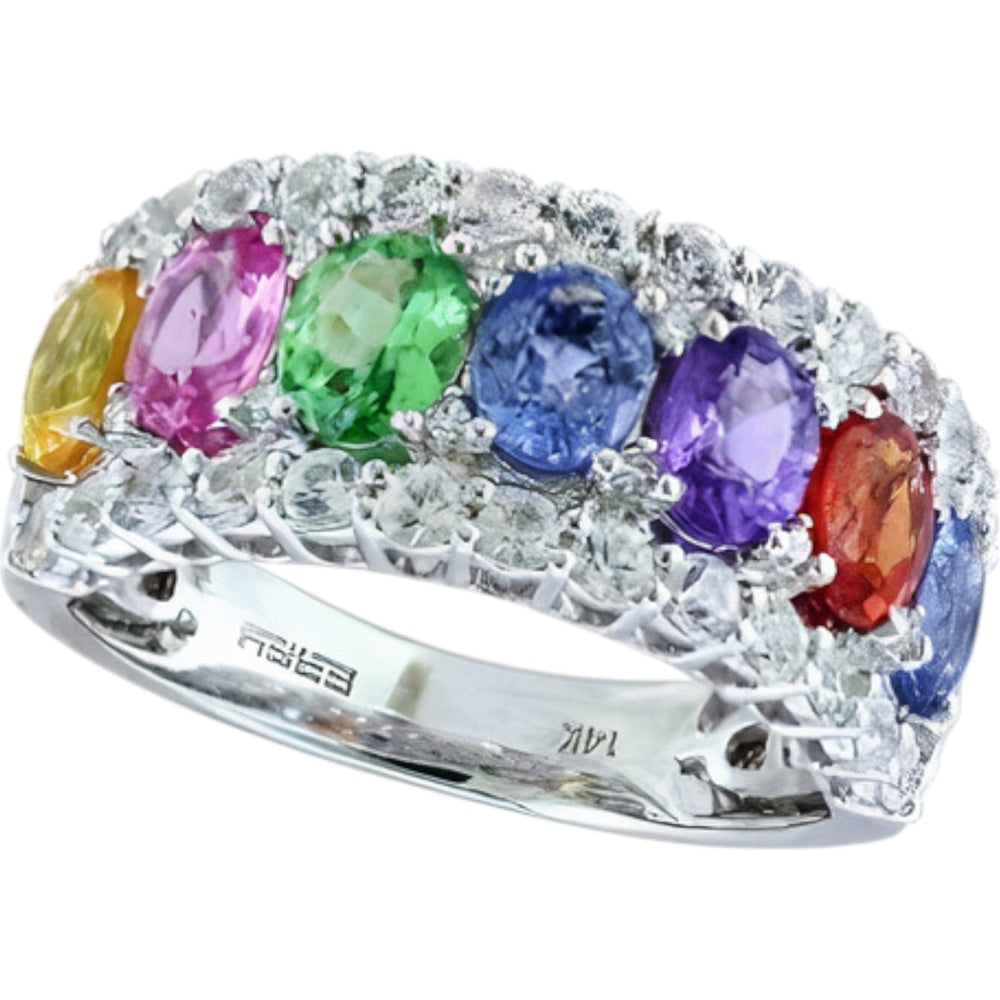 EFFY 14K White Gold Rainbow Band Ring with Oval Multicolor Sapphires and Diamond Accents - 3.79 Carat Total Sapphire Weight