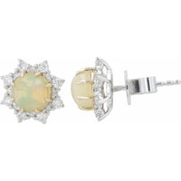 EFFY 14K White Gold Starburst Halo Stud Earrings with Cabochon Opals and Prong-Set Diamonds - 1.25 Carat Total Opal Weight and 0.45 Carat Total Diamond Weight