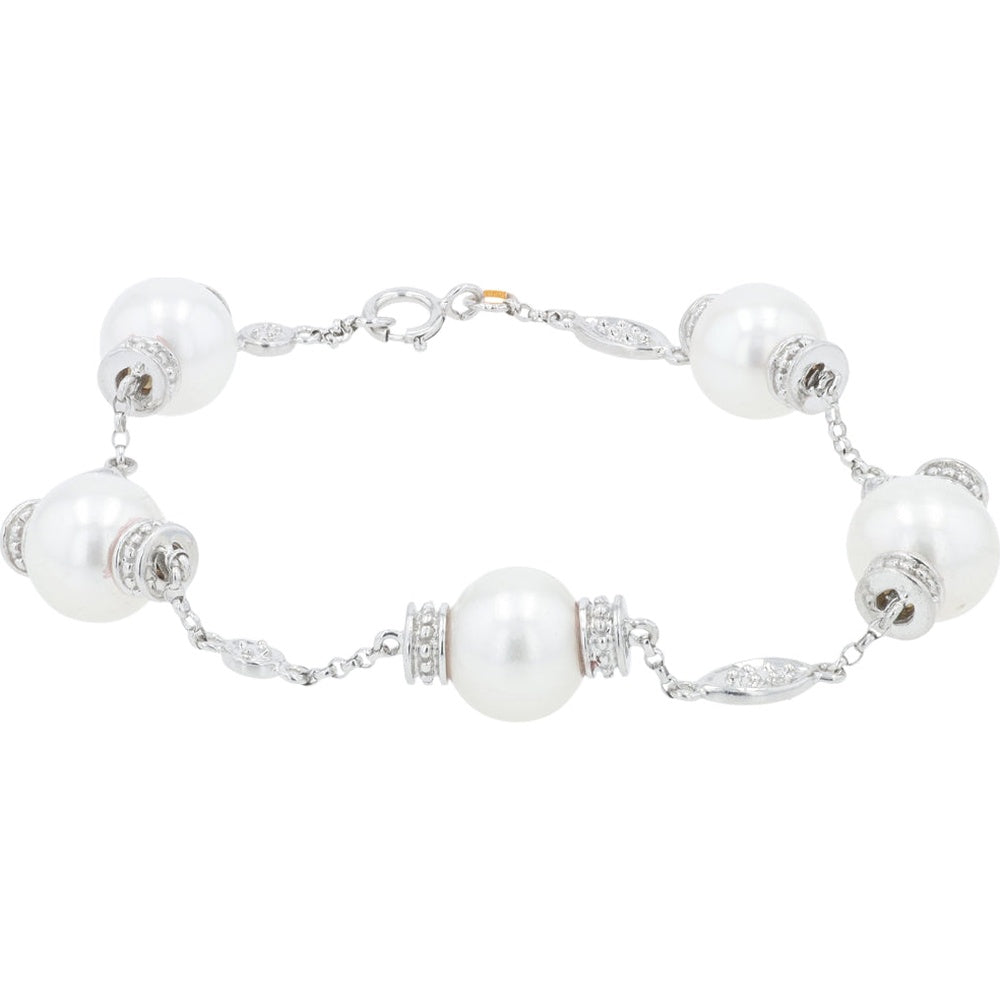 EFFY 14K White Gold Station Bracelet with Lustrous Cultured Pearls and Milgrain Detailed Links - 7 Inch Length