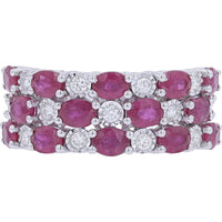 EFFY 14K White Gold Three - Row Band with Prong - Set Oval Rubies and Round Diamond Accents - 3.33 Carat Total Ruby Weight, 0.25 Carat Total Diamond Weight