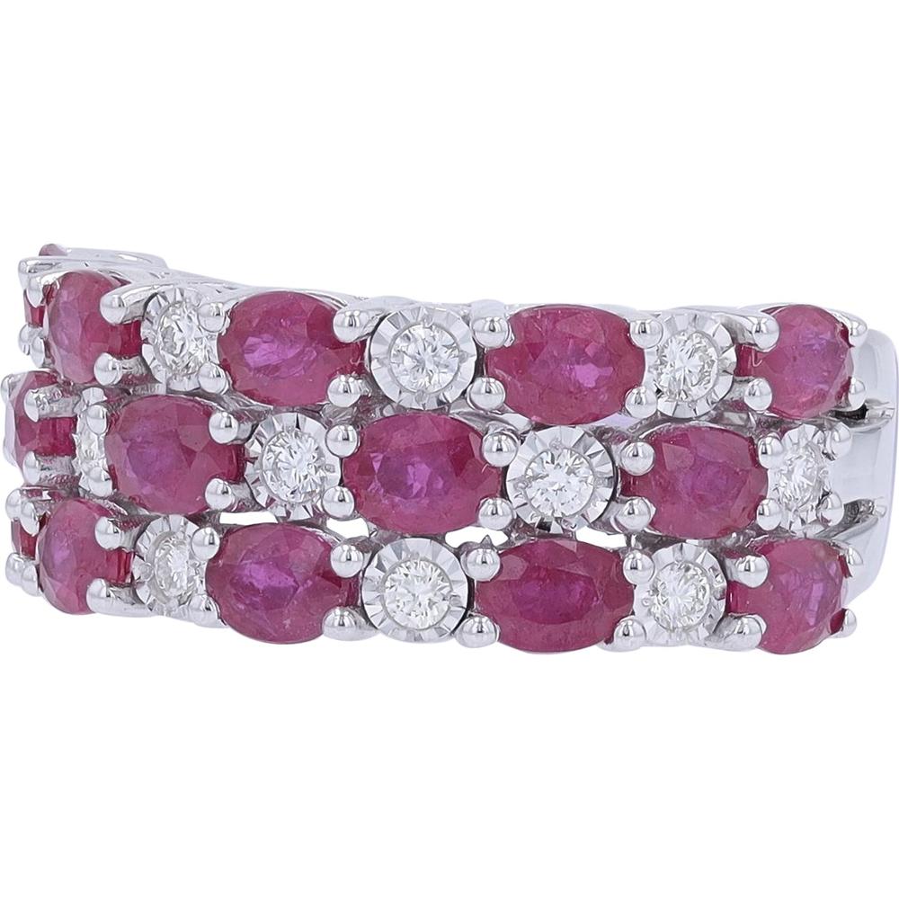 EFFY 14K White Gold Three - Row Band with Prong - Set Oval Rubies and Round Diamond Accents - 3.33 Carat Total Ruby Weight, 0.25 Carat Total Diamond Weight