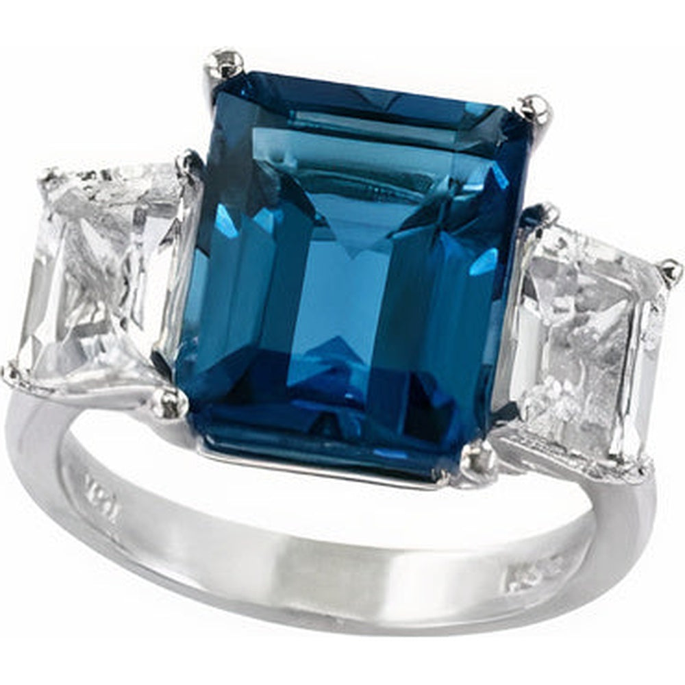 EFFY 14K White Gold Three-Stone Ring with Emerald-Cut London Blue Topaz and Rectangular White Topaz Accents - 9.35 Carat Total Gem Weight