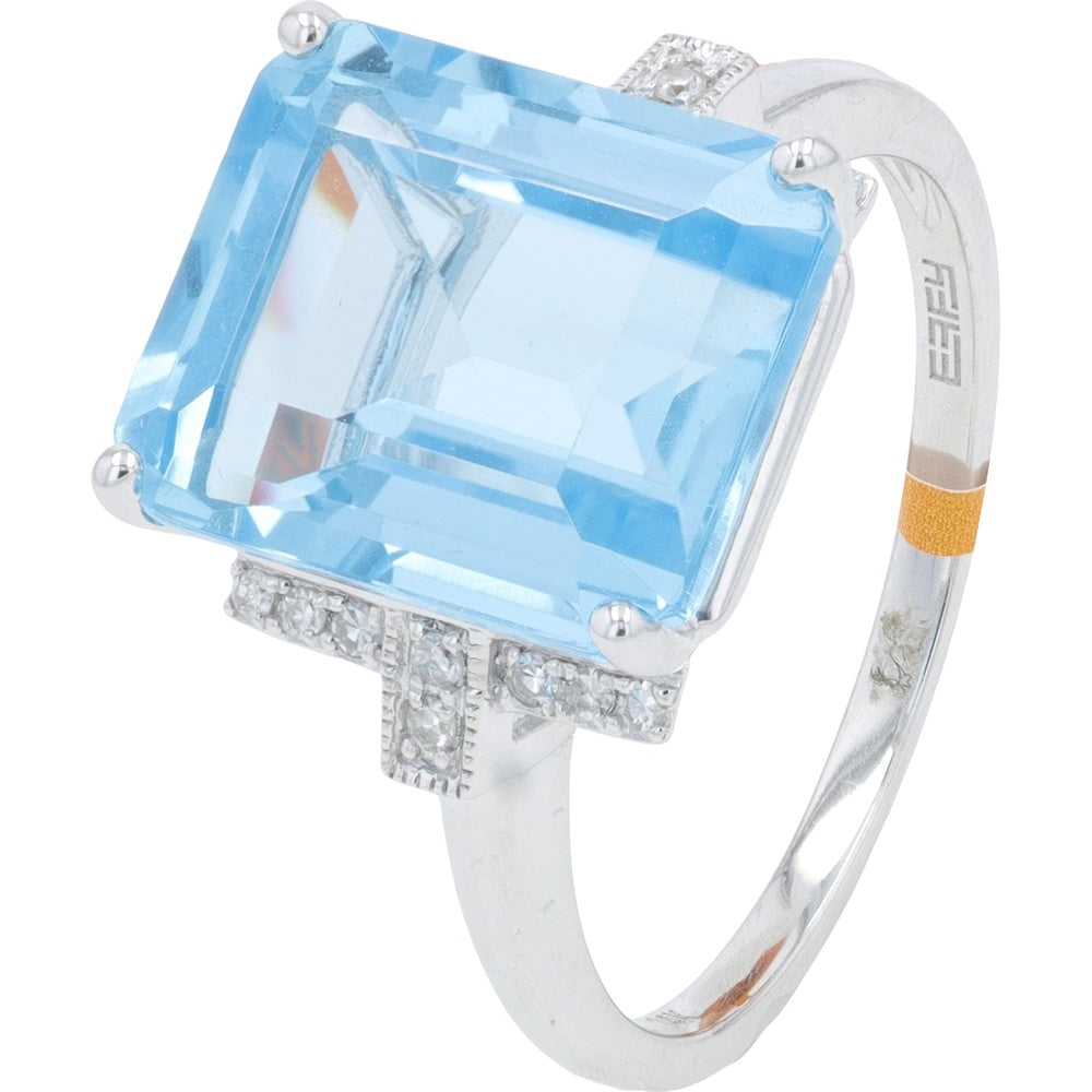 EFFY 14K White Gold Vintage-Inspired Step-Cut Blue Topaz Ring with Milgrain Diamond Shoulders - 8.40 Carat Total Gem Weight