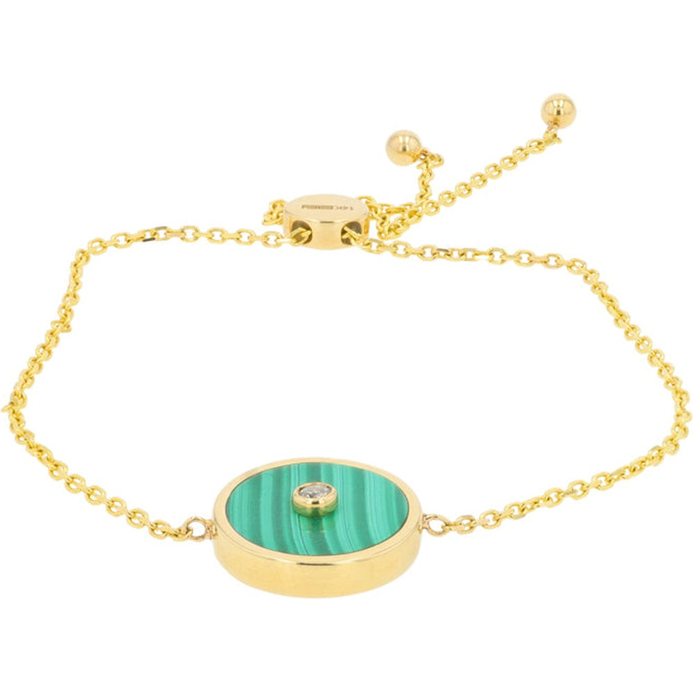 EFFY 14K Yellow Gold Adjustable Bolo Bracelet with Round Malachite and Bezel-Set Diamond Accent - 3.80 Carat Malachite and 0.06 Carat Diamond Total Weight