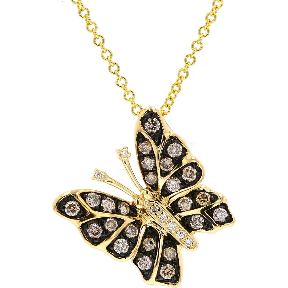 EFFY 14K Yellow Gold Butterfly Pendant with Round White and Chocolate Diamonds in Oxidized Setting - 0.38 Carat Total Diamond Weight