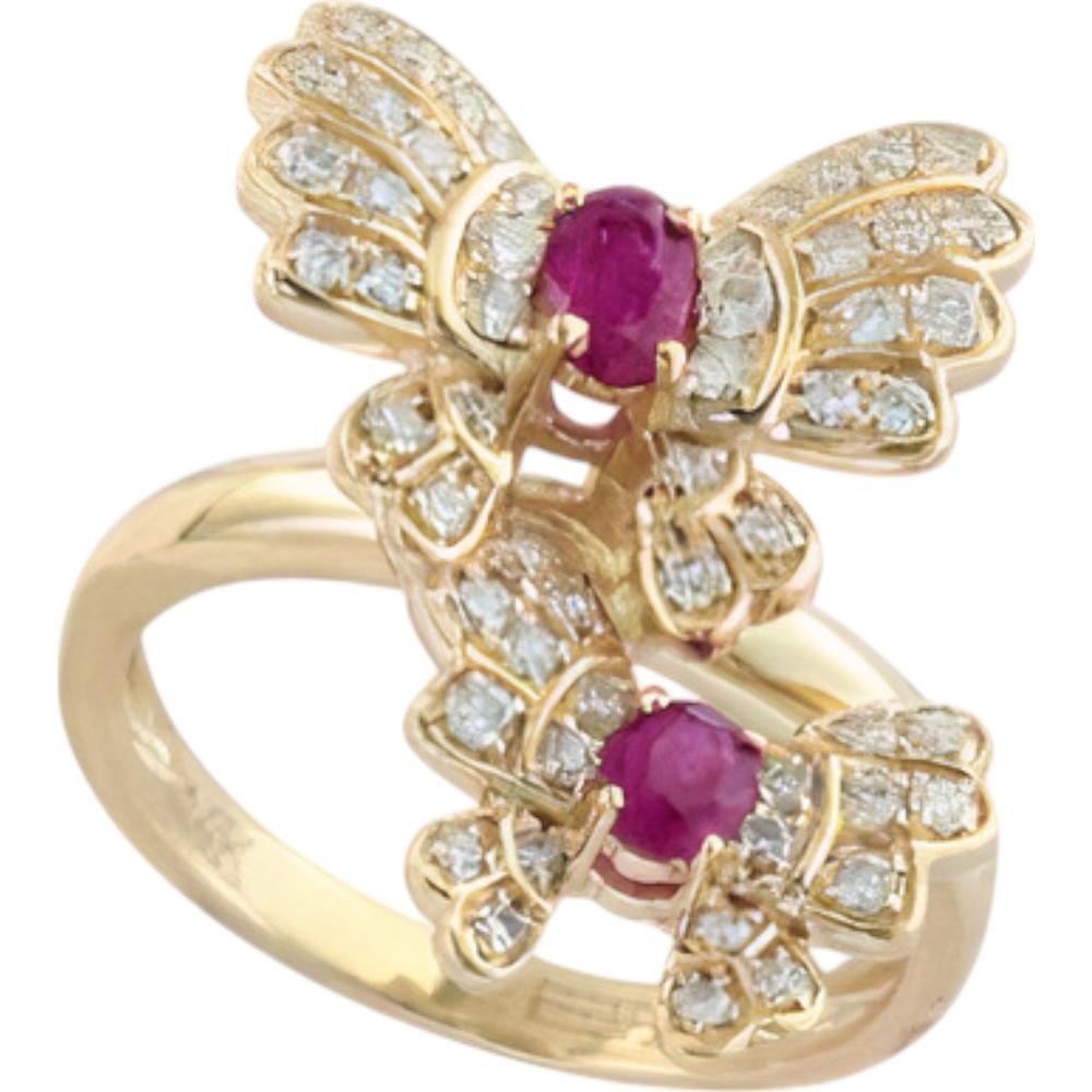 EFFY 14K Yellow Gold Butterfly Ring with Oval Rubies and Diamond Accents - 0.55 Carat Ruby Weight & 0.47 Carat Total Diamond Weight