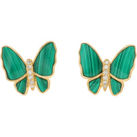 EFFY 14K Yellow Gold Butterfly Stud Earrings with Carved Malachite and Round Diamonds - 3.60 Carat Total Malachite Weight and 0.06 Carat Total Diamond Weight