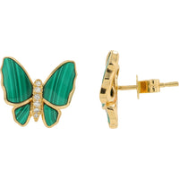 EFFY 14K Yellow Gold Butterfly Stud Earrings with Carved Malachite and Round Diamonds - 3.60 Carat Total Malachite Weight and 0.06 Carat Total Diamond Weight