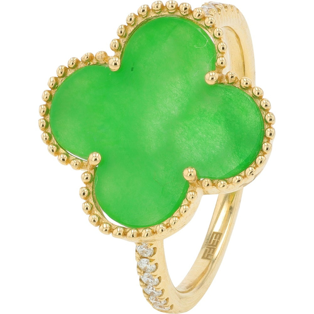 EFFY 14K Yellow Gold Clover Ring with 3.20 Carat Polished Jade and Diamond Accented Shoulders - Size 7