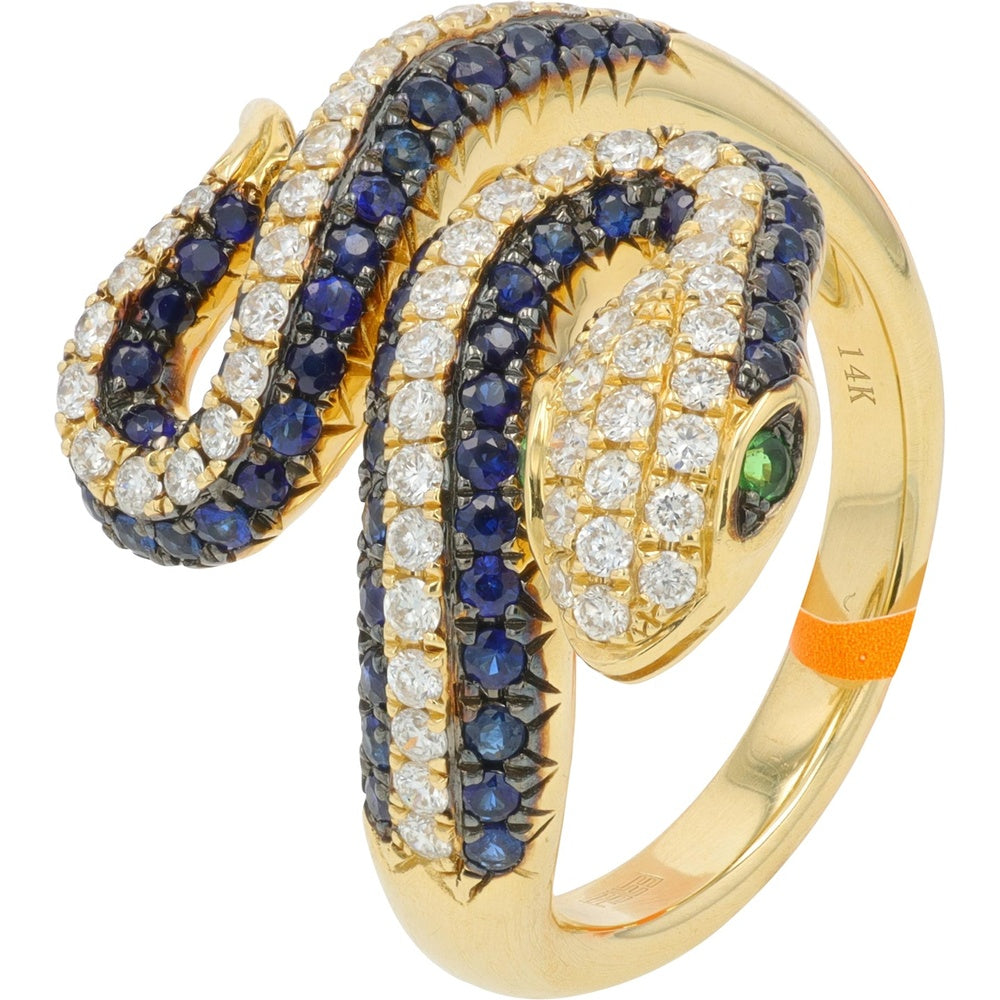 EFFY 14K Yellow Gold Coiled Serpent Ring with Pavé Diamonds and Sapphires - 0.54 Carat Total Diamond Weight and 0.95 Carat Total Sapphire Weight with Tsavorite Eye