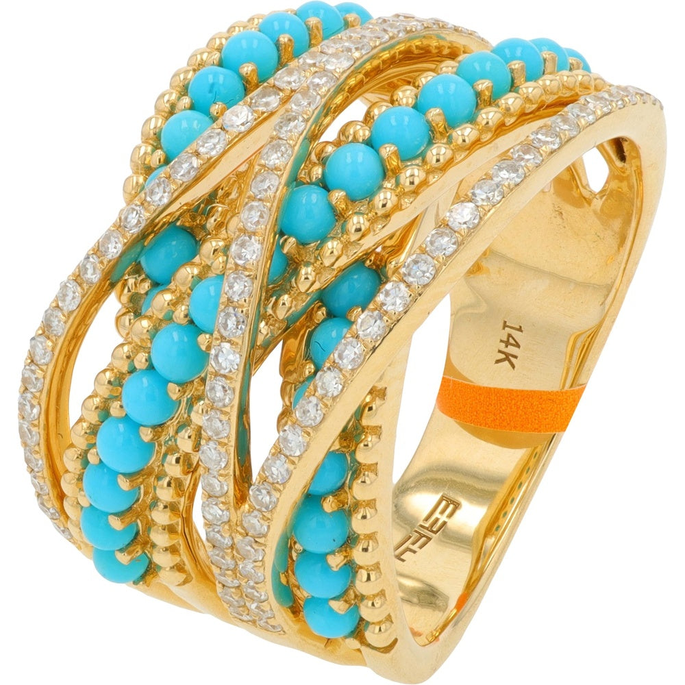 EFFY 14K Yellow Gold Crisscross Ring with Round Cabochon Turquoise and Pavé-Set Diamonds - 1.37 Carat Total Turquoise Weight and 0.43 Carat Total Diamond Weight