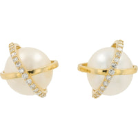 EFFY 14K Yellow Gold Crossover Pearl Stud Earrings with Pavé Set Round Diamonds - 0.13 Carat Total Diamond Weight