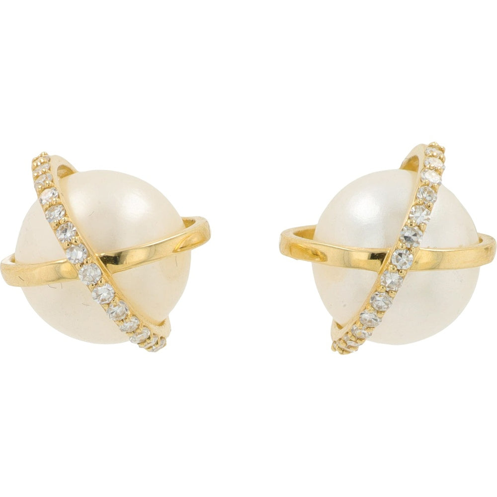 EFFY 14K Yellow Gold Crossover Pearl Stud Earrings with Pavé Set Round Diamonds - 0.13 Carat Total Diamond Weight