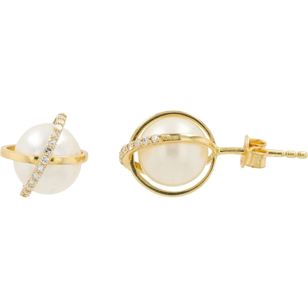 EFFY 14K Yellow Gold Crossover Pearl Stud Earrings with Pavé Set Round Diamonds - 0.13 Carat Total Diamond Weight