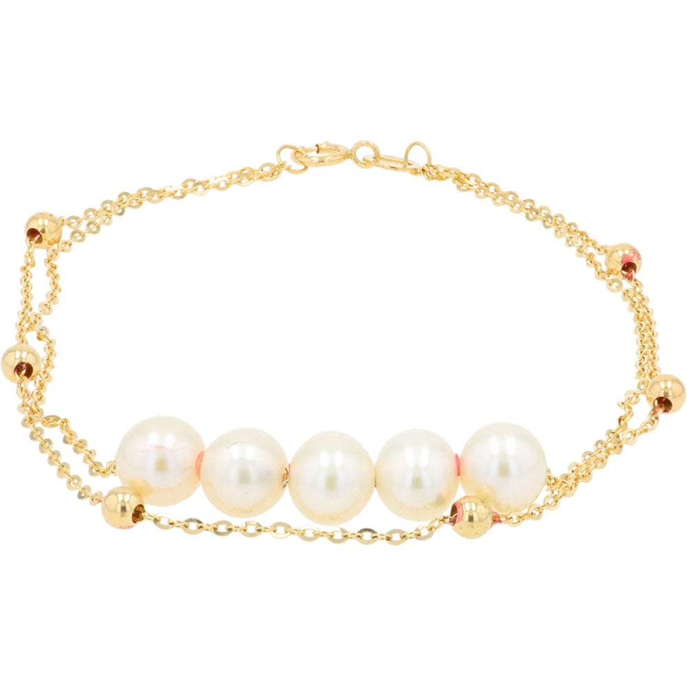 EFFY 14K Yellow Gold Double-Strand Station Bracelet with Five Freshwater Pearls and Polished Gold Beads - 7.5 Inch Length