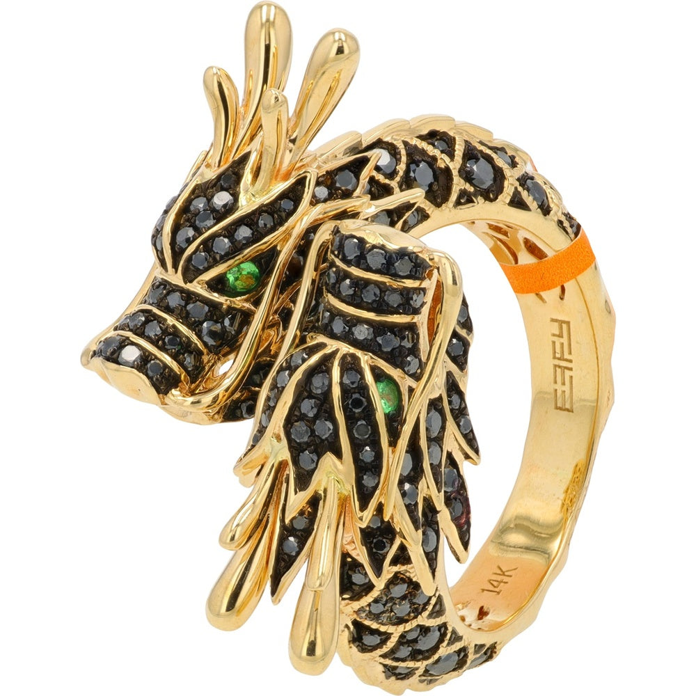 EFFY 14K Yellow Gold Dragon Bypass Ring with Pavé Black Diamonds and Tsavorite Eyes - 0.86 Carat Total Diamond Weight and 0.04 Carat Tsavorite