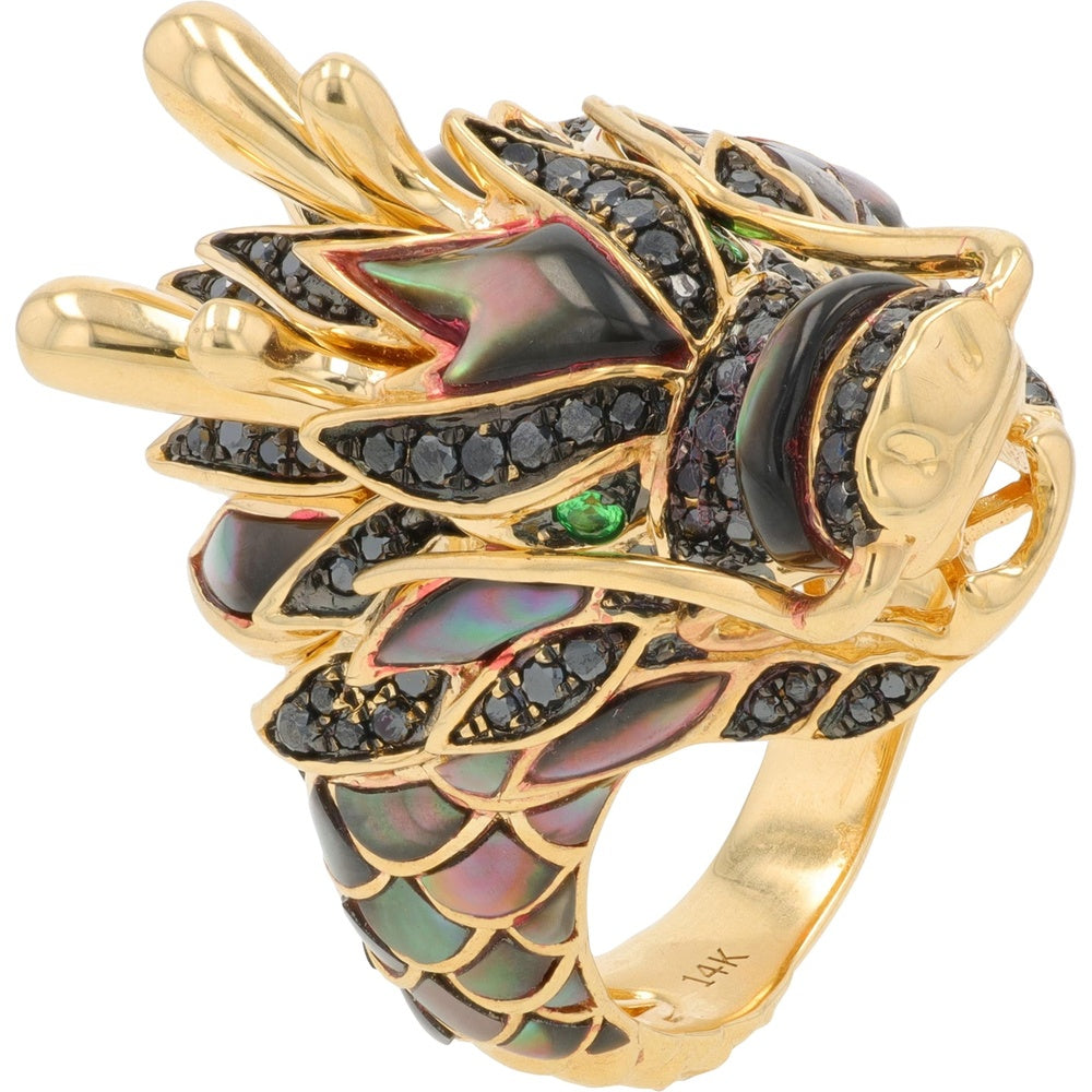 EFFY 14K Yellow Gold Dragon Ring with Iridescent Black Shell, Pavé Black Diamonds and Tsavorite Accents - 0.60 Carat Black Diamond and 1.95 Carat Tsavorite Total Gem Weight
