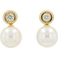 EFFY 14K Yellow Gold Drop Earrings with Bezel-Set Round Diamonds and Akoya Pearls - 0.13 Carat Total Diamond Weight