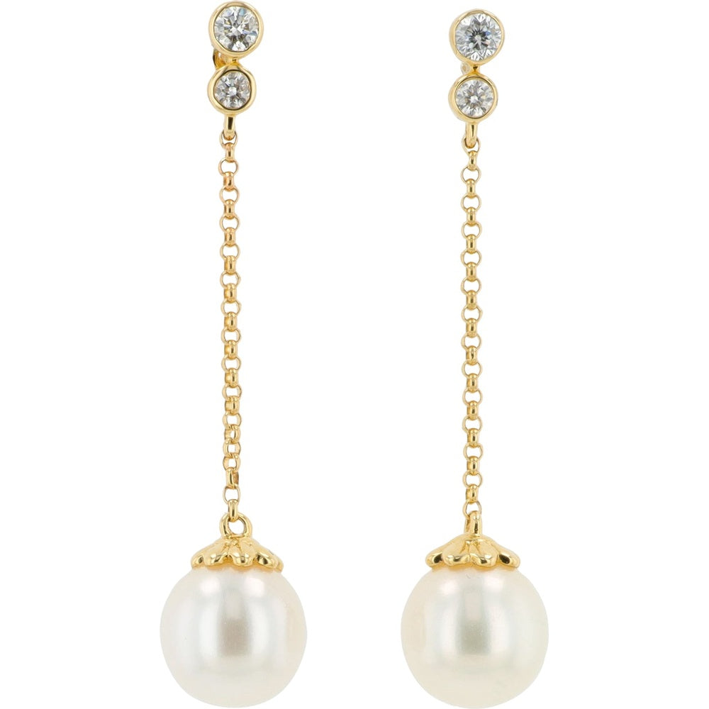 EFFY 14K Yellow Gold Drop Earrings with Bezel-Set Round Diamonds and Freshwater Pearls - 0.15 Carat Total Diamond Weight