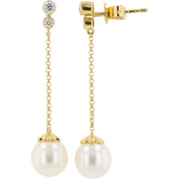 EFFY 14K Yellow Gold Drop Earrings with Bezel-Set Round Diamonds and Freshwater Pearls - 0.15 Carat Total Diamond Weight