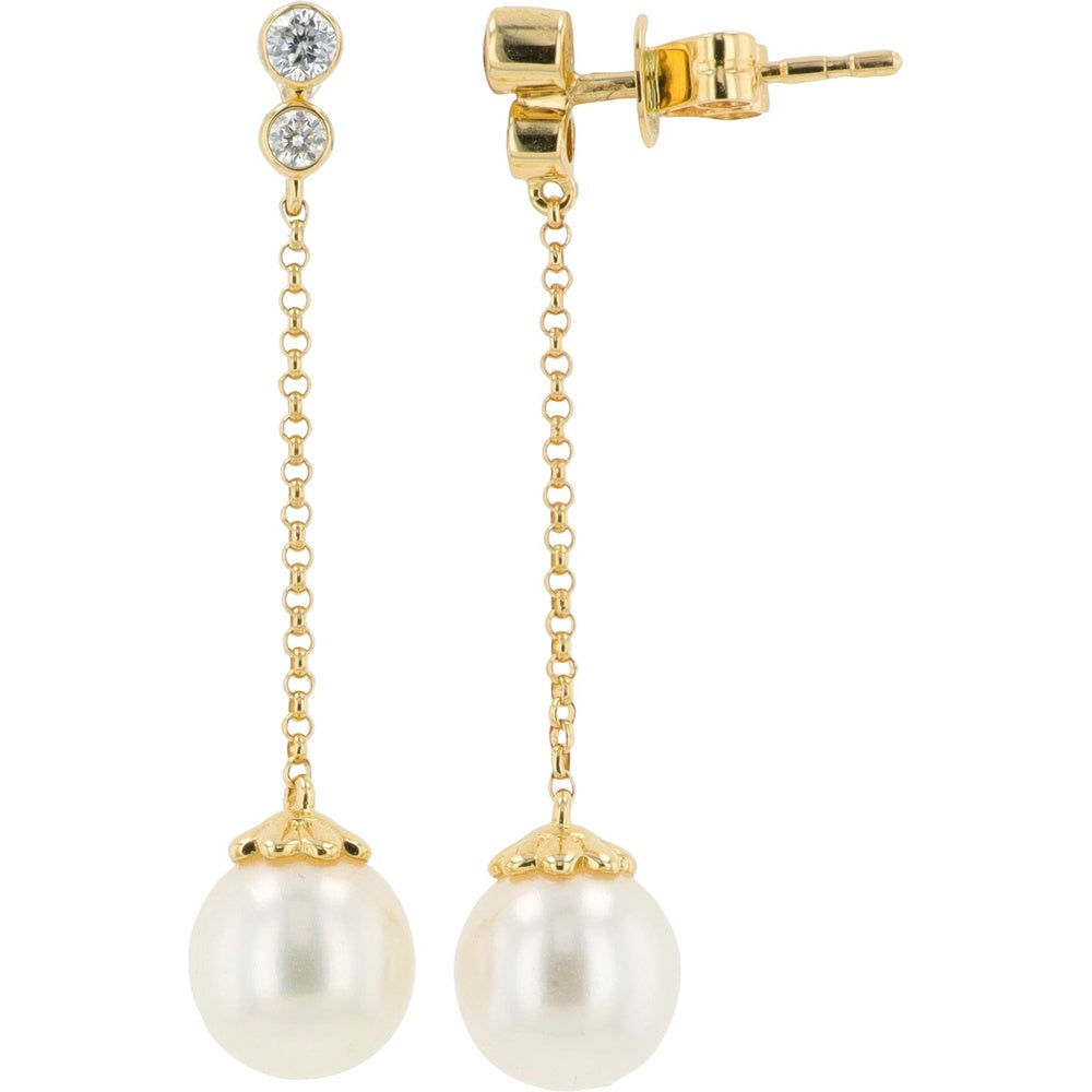 EFFY 14K Yellow Gold Drop Earrings with Bezel-Set Round Diamonds and Freshwater Pearls - 0.15 Carat Total Diamond Weight