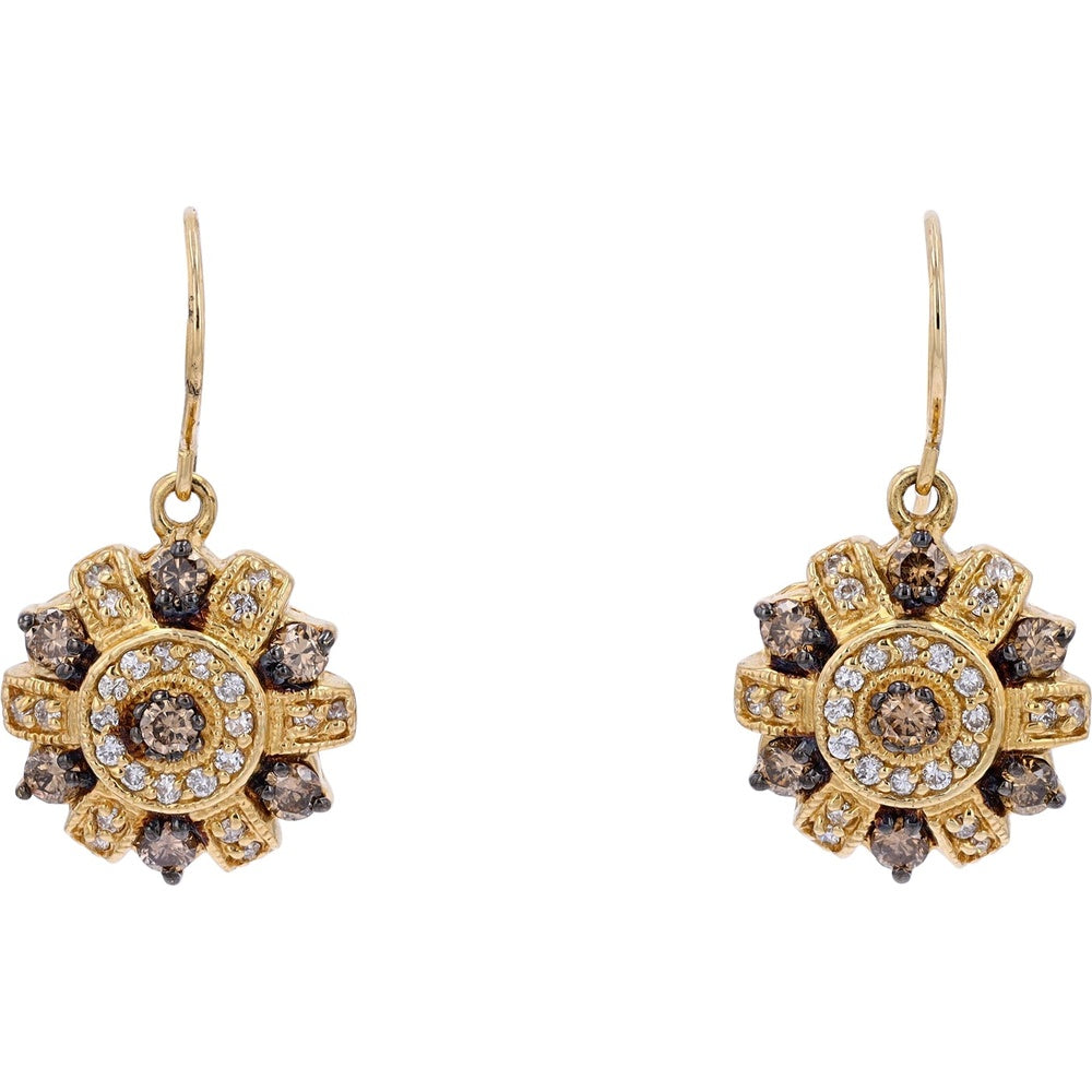 EFFY 14K Yellow Gold Drop Earrings with Halo Set Round White and Brown Diamonds - 1.16 Carat Total Diamond Weight