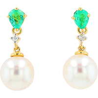 EFFY 14K Yellow Gold Drop Earrings with Pear-Shaped Emeralds, Round Diamond Accents, and Akoya Pearls - 0.21 Carat Total Emerald Weight and 0.02 Carat Total Diamond Weight